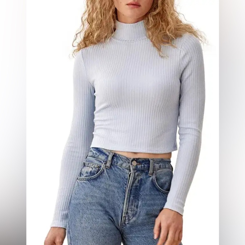 Reformation Valeria Cropped Turtleneck Light Blue Ribbed
